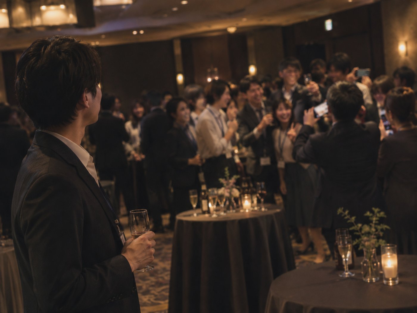 交流会の会場を見ている幹事。奥では参加者が写真を撮り合っている